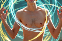 Photos of Handsome Shirtless Men Dancing with Light Rays,Colorful,in Motion.