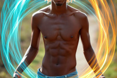 Photos of Handsome Shirtless Men Dancing with Light Rays,Colorful,in Motion.