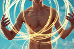 Photos of Handsome Shirtless Men Dancing with Light Rays,Colorful,in Motion.