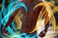 Photos of Handsome Shirtless Men Dancing with Light Rays,Colorful,in Motion.