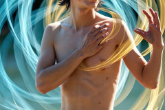Photos of Handsome Shirtless Men Dancing with Light Rays,Colorful,in Motion.