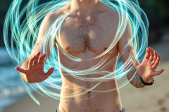 Photos of Handsome Shirtless Men Dancing with Light Rays,Colorful,in Motion.