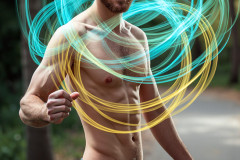 Photos of Handsome Shirtless Men Dancing with Light Rays,Colorful,in Motion.