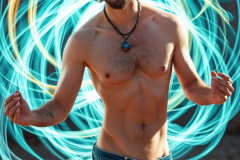 Photos of Handsome Shirtless Men Dancing with Light Rays,Colorful,in Motion.