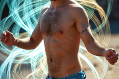 Photos of Handsome Shirtless Men Dancing with Light Rays,Colorful,in Motion.