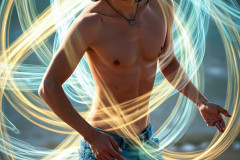 Photos of Handsome Shirtless Men Dancing with Light Rays,Colorful,in Motion.