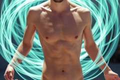 Photos of Handsome Shirtless Men Dancing with Light Rays,Colorful,in Motion.
