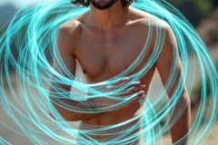 Photos of Handsome Shirtless Men Dancing with Light Rays,Colorful,in Motion.
