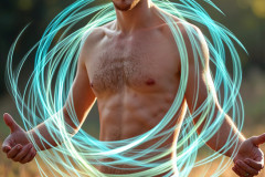 Photos of Handsome Shirtless Men Dancing with Light Rays,Colorful,in Motion.