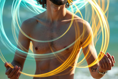 Photos of Handsome Shirtless Men Dancing with Light Rays,Colorful,in Motion.