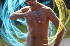 Photos of Handsome Shirtless Men Dancing with Light Rays,Colorful,in Motion.