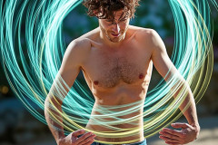 Photos of Handsome Shirtless Men Dancing with Light Rays,Colorful,in Motion.