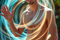 Photos of Handsome Shirtless Men Dancing with Light Rays,Colorful,in Motion.