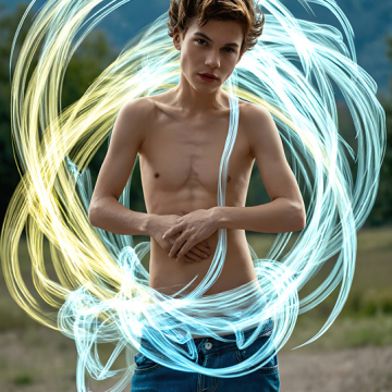 Abstract Male Art,AI Pictures of Handsome Shirtless Men,Dancing Outdoors,with Colorful Light Rays,Art in Motion Images.