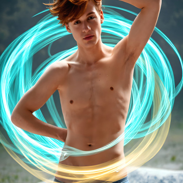 Abstract Male Art,AI Pictures of Handsome Shirtless Men,Dancing Outdoors,with Colorful Light Rays,Art in Motion Images.