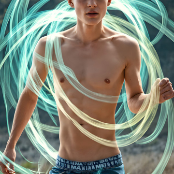 Abstract Male Art,AI Pictures of Handsome Shirtless Men,Dancing Outdoors,with Colorful Light Rays,Art in Motion Images.