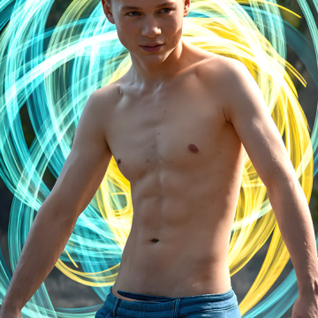 Abstract Male Art,AI Pictures of Handsome Shirtless Men,Dancing Outdoors,with Colorful Light Rays,Art in Motion Images.