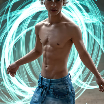 Abstract Male Art,AI Pictures of Handsome Shirtless Men,Dancing Outdoors,with Colorful Light Rays,Art in Motion Images.