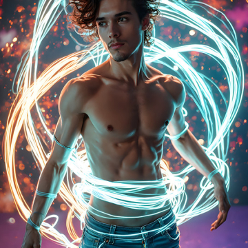 Abstract Male Art,AI Pictures of Handsome Shirtless Men,Dancing Outdoors,with Colorful Light Rays,Art in Motion Images.