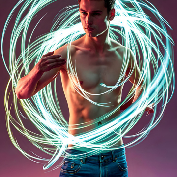 Abstract Male Art,AI Pictures of Handsome Shirtless Men,Dancing Outdoors,with Colorful Light Rays,Art in Motion Images.