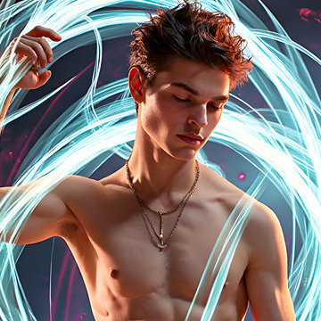 Abstract Male Art,AI Pictures of Handsome Shirtless Men,Dancing Outdoors,with Colorful Light Rays,Art in Motion Images.