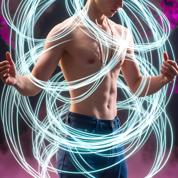 Abstract Male Art,AI Pictures of Handsome Shirtless Men,Dancing Outdoors,with Colorful Light Rays,Art in Motion Images.