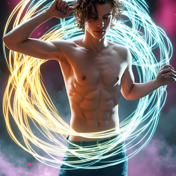 Abstract Male Art,AI Pictures of Handsome Shirtless Men,Dancing Outdoors,with Colorful Light Rays,Art in Motion Images.