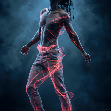 Abstract Male Art,AI Pictures of Handsome Shirtless Men,Dancing Outdoors,with Colorful Light Rays,Art in Motion Images.