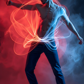 Abstract Male Art,AI Pictures of Handsome Shirtless Men,Dancing Outdoors,with Colorful Light Rays,Art in Motion Images.