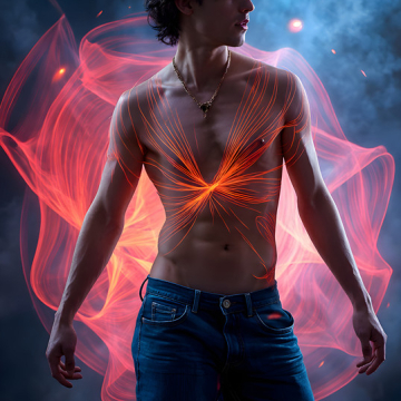 Abstract Male Art,AI Pictures of Handsome Shirtless Men,Dancing Outdoors,with Colorful Light Rays,Art in Motion Images.