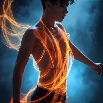 Abstract Male Art,AI Pictures of Handsome Shirtless Men,Dancing Outdoors,with Colorful Light Rays,Art in Motion Images.