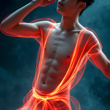 Abstract Male Art,AI Pictures of Handsome Shirtless Men,Dancing Outdoors,with Colorful Light Rays,Art in Motion Images.