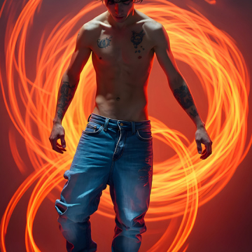 Abstract Male Art,AI Pictures of Handsome Shirtless Men,Dancing Outdoors,with Colorful Light Rays,Art in Motion Images.