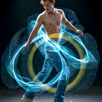 Abstract Male Art,AI Pictures of Handsome Shirtless Men,Dancing Outdoors,with Colorful Light Rays,Art in Motion Images.
