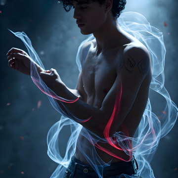 Abstract Male Art,AI Pictures of Handsome Shirtless Men,Dancing Outdoors,with Colorful Light Rays,Art in Motion Images.