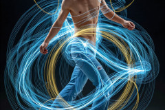 Photos of Handsome Shirtless Men Dancing with Light Rays,Colorful,in Motion.