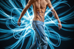 Photos of Handsome Shirtless Men Dancing with Light Rays,Colorful,in Motion.