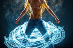 Photos of Handsome Shirtless Men Dancing with Light Rays,Colorful,in Motion.