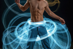 Photos of Handsome Shirtless Men Dancing with Light Rays,Colorful,in Motion.