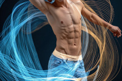 Photos of Handsome Shirtless Men Dancing with Light Rays,Colorful,in Motion.