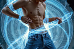 Photos of Handsome Shirtless Men Dancing with Light Rays,Colorful,in Motion.