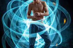 Photos of Handsome Shirtless Men Dancing with Light Rays,Colorful,in Motion.