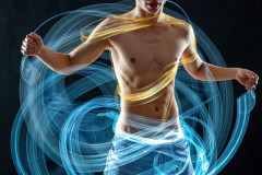 Photos of Handsome Shirtless Men Dancing with Light Rays,Colorful,in Motion.