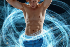 Photos of Handsome Shirtless Men Dancing with Light Rays,Colorful,in Motion.