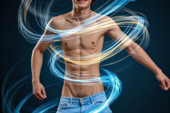Photos of Handsome Shirtless Men Dancing with Light Rays,Colorful,in Motion.