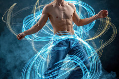 Photos of Handsome Shirtless Men Dancing with Light Rays,Colorful,in Motion.