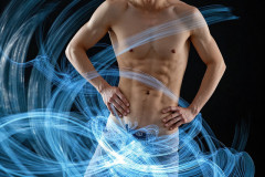 Photos of Handsome Shirtless Men Dancing with Light Rays,Colorful,in Motion.