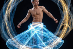 Photos of Handsome Shirtless Men Dancing with Light Rays,Colorful,in Motion.