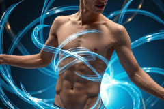 Photos of Handsome Shirtless Men Dancing with Light Rays,Colorful,in Motion.