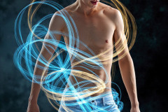 Photos of Handsome Shirtless Men Dancing with Light Rays,Colorful,in Motion.